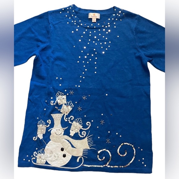 Quacker Factory Blue Pullover Sweater Snowman Beaded Embroidered Small‎ D-69 - Picture 4 of 10